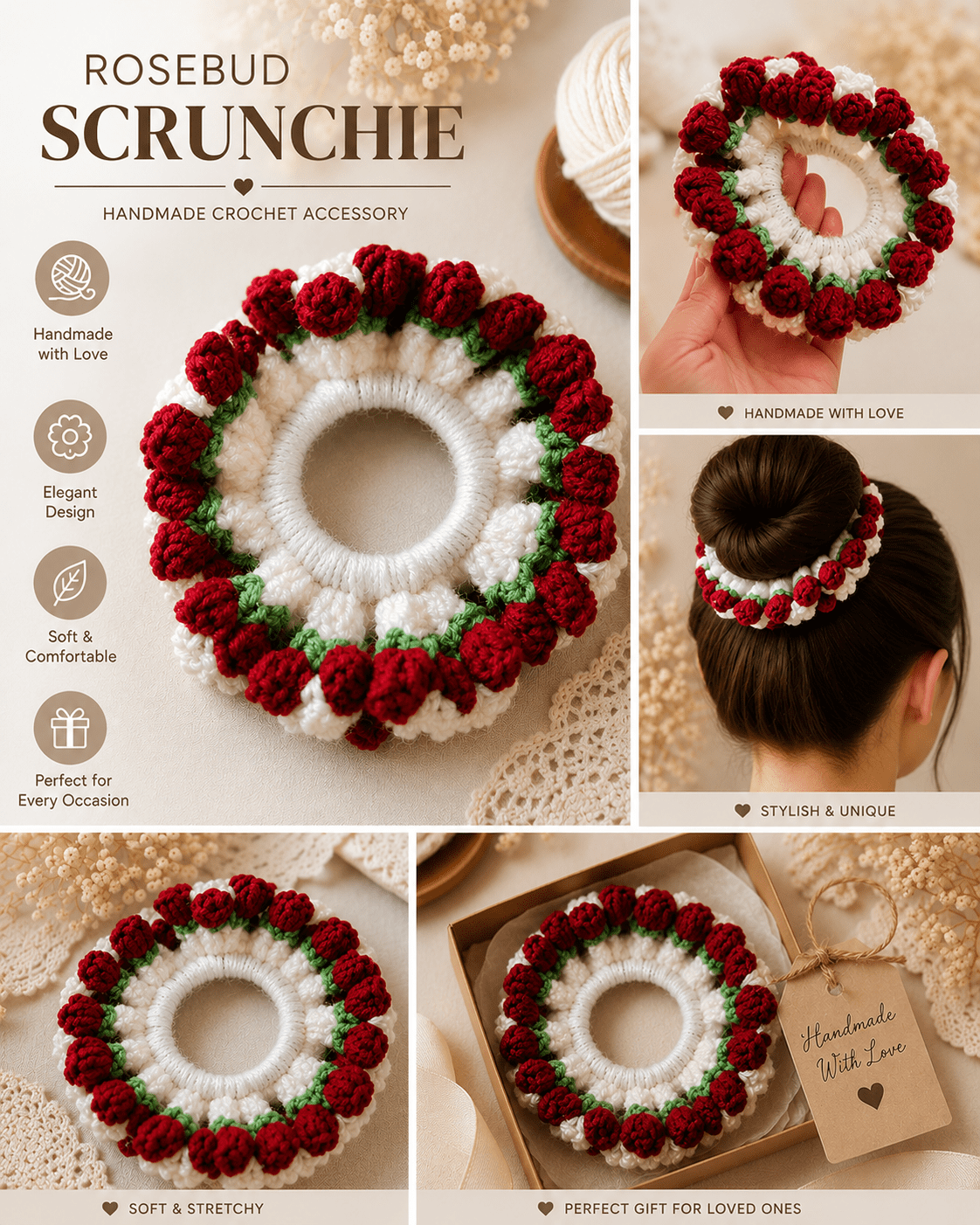 Rosebud Crochet Scrunchie - Image 2