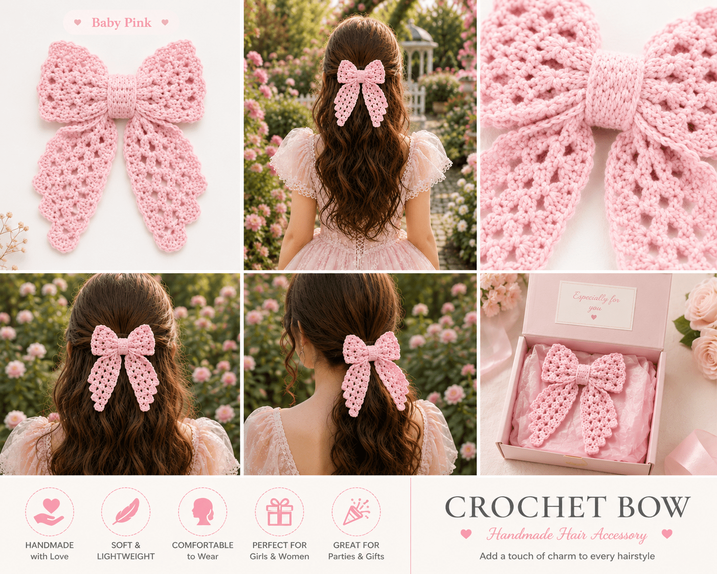 Crochet Baby Pink Bow - Image 2